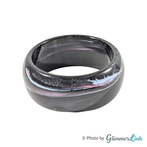 Retro Wide Dome Black Pink Swirl Plastic Resin Bangle Bracelet - Picture 2 of 11